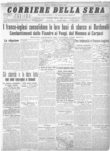 La prima pagina del Corriere della Sera del 29 aprile 1915