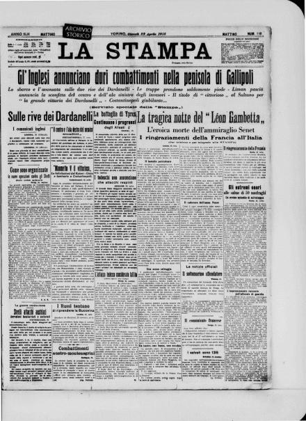La prima pagina de La Stampa del 29 aprile 1915