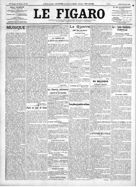 La prima pagina di Le Figaro del 29 aprile 1915