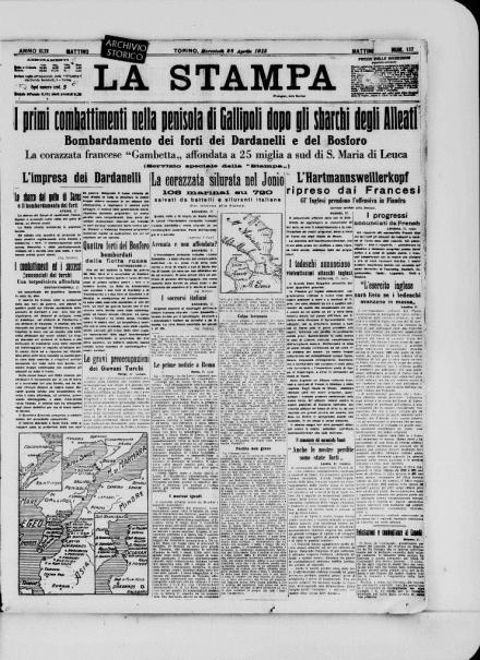 La prima pagina de La Stampa del 28 aprile 1915