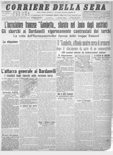 La prima pagina del Corriere della Sera del 28 aprile 1915