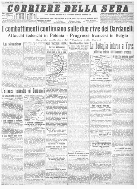 La prima pagina del Corriere della Sera del 30 aprile 1915