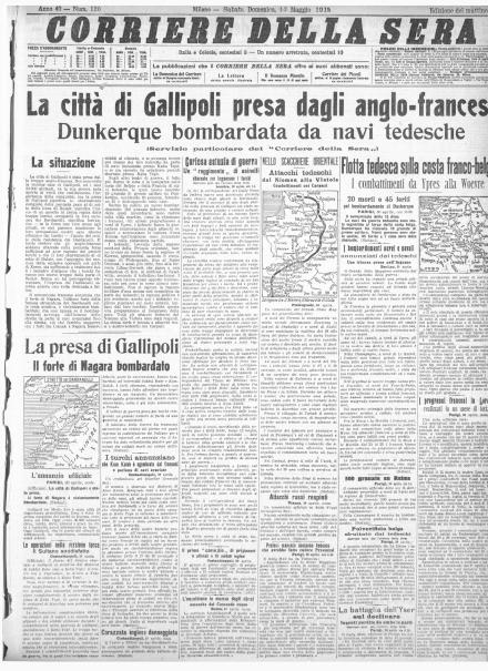 La prima pagina del Corriere della Sera dell'1 maggio 1915