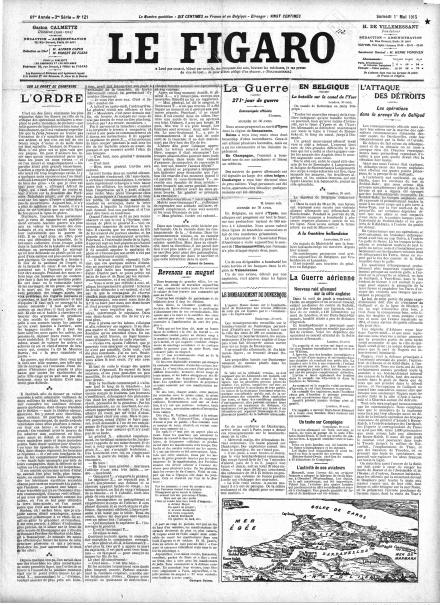 La prima pagina di Le Figaro dell'1 maggio 1915