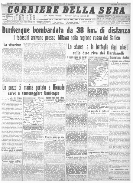 La prima pagina del Corriere della Sera del 3 maggio 1915