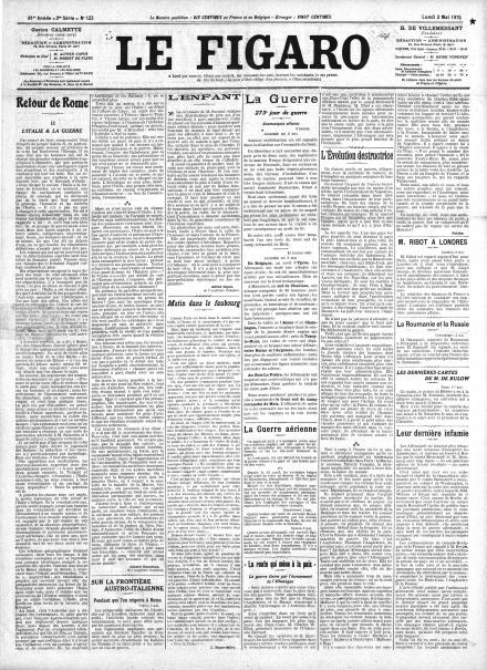 La prima pagina di Le Figaro del 3 maggio 1915