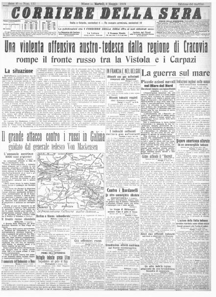 La prima pagina del Corriere della Sera del 4 maggio 1915