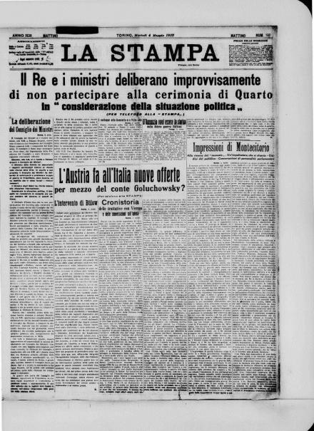 La prima pagina de La Stampa del 4 maggio 1915
