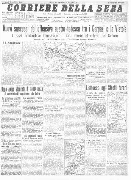 La prima pagina del Corriere della Sera del 5 maggio 1915