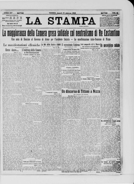 La prima pagina de La Stampa del 21 febbraio 1916