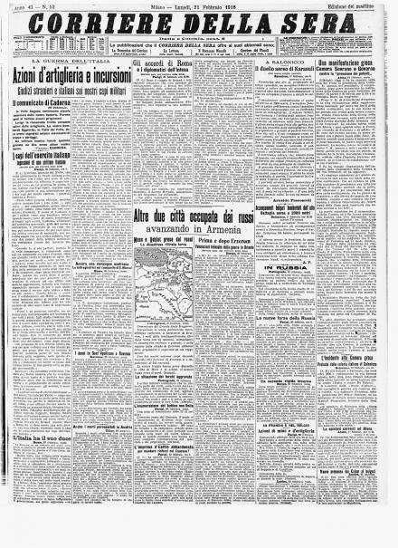 La prima pagina del Corriere della Sera del 21 febbraio 1916
