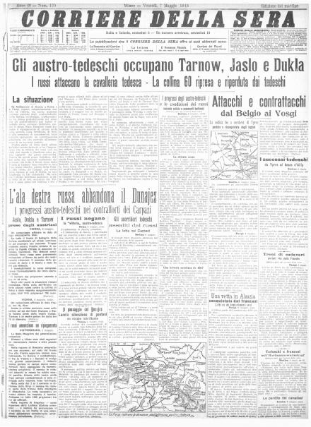 La prima pagina del Corriere della Sera del 7 maggio 1915