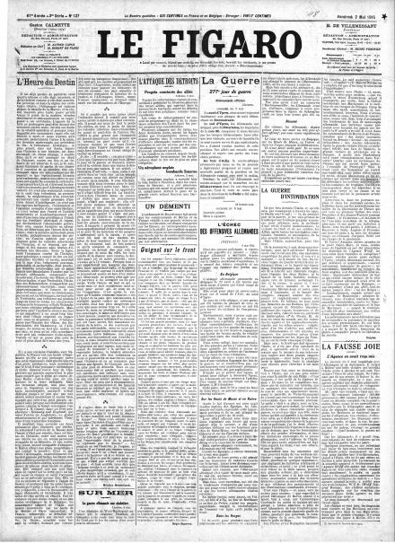 La prima pagina di Le Figaro del 7 maggio 1915