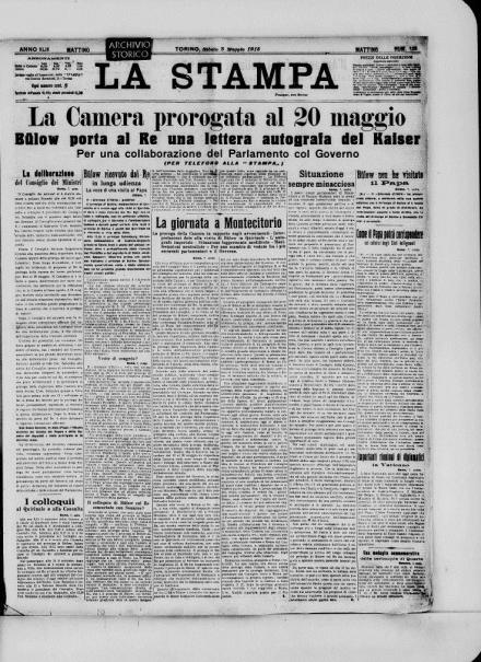 La prima pagina de La Stampa dell'8 maggio 1915