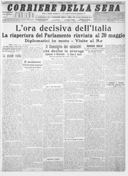 La prima pagina del Corriere della Sera dell'8 maggio 1915