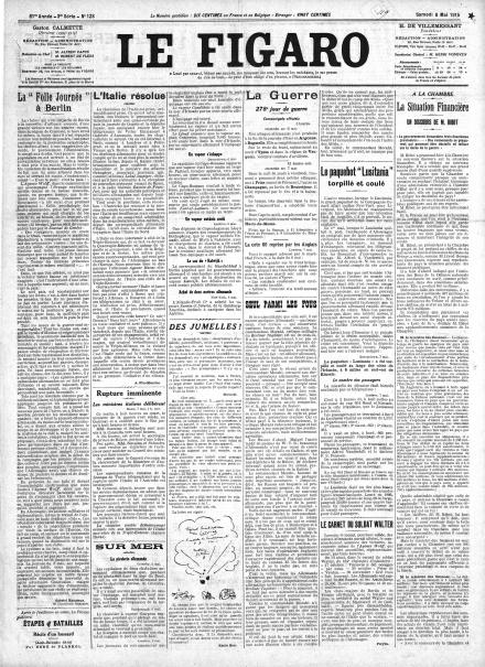 La prima pagina di Le Figaro dell'8 maggio 1915