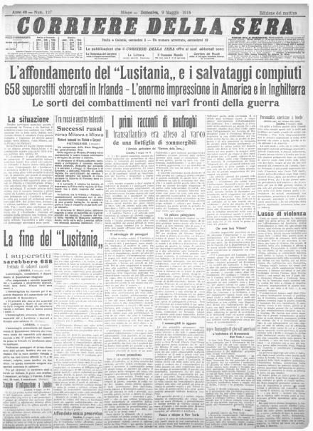 La prima pagina del Corriere della Sera del 9 maggio 1915
