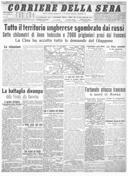 La prima pagina del Corriere della Sera del 10 maggio 1915