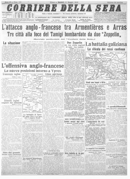 La prima pagina del Corriere della Sera dell'11 maggio 1915