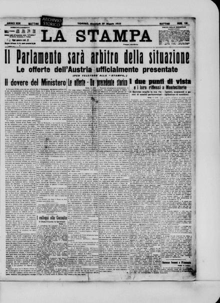 La prima pagina de La Stampa del 12 maggio 1915