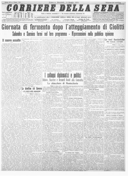 La prima pagina del Corriere della Sera del 12 maggio 1915