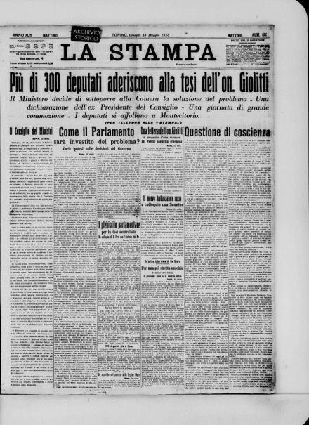 La prima pagina de La Stampa del 13 maggio 1915