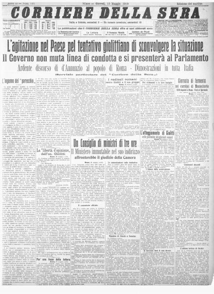 La prima pagina del Corriere della Sera del 13 maggio 1915