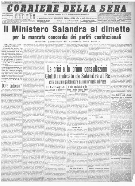 La prima pagina del Corriere della Sera del 14 maggio 1915