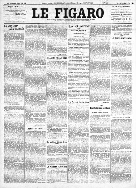 La prima pagina di Le Figaro del 15 maggio 1915