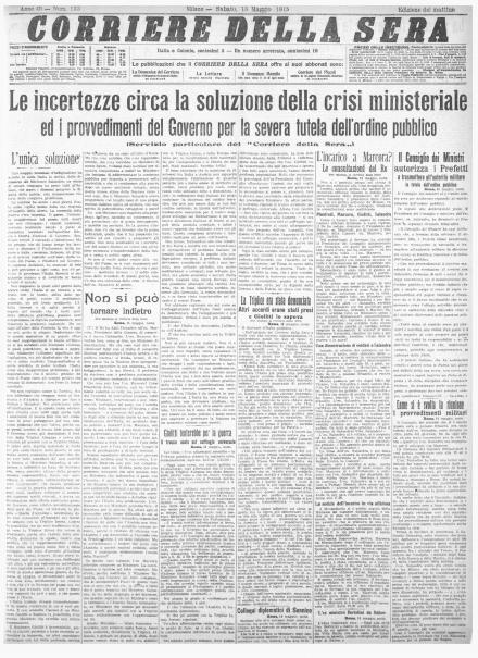 La prima pagina del Corriere della Sera del 15 maggio 1915