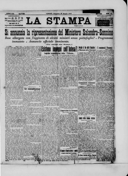 La prima pagina de La Stampa del 16 maggio 1915