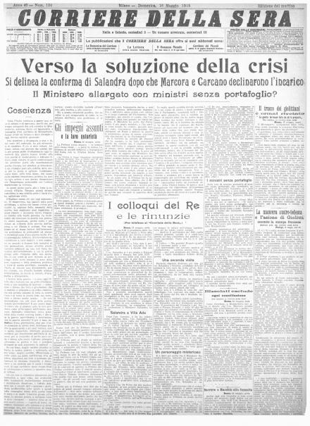 La prima pagina del Corriere della Sera del 16 maggio 1915