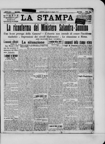 La prima pagina de La Stampa del 17 maggio 1915