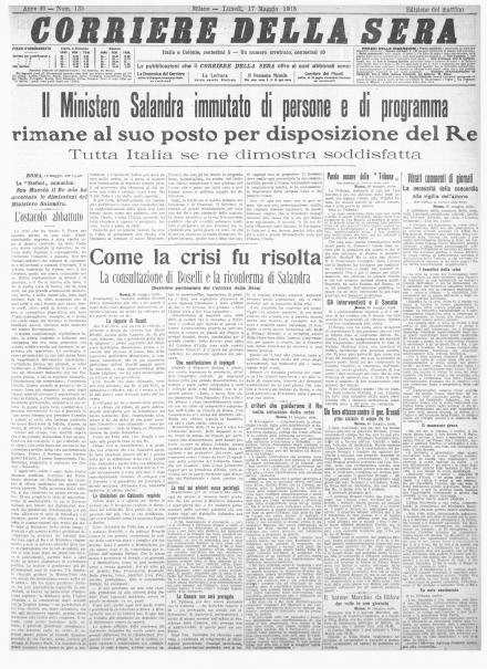 La prima pagina del Corriere della Sera del 17 maggio 1915