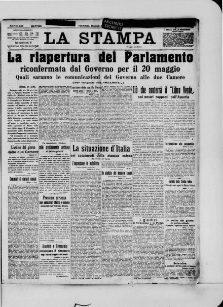 La prima pagina de La Stampa del 18 maggio 1915 