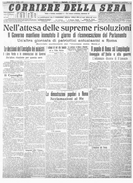 La prima pagina del Corriere della Sera del 18 maggio 1915 