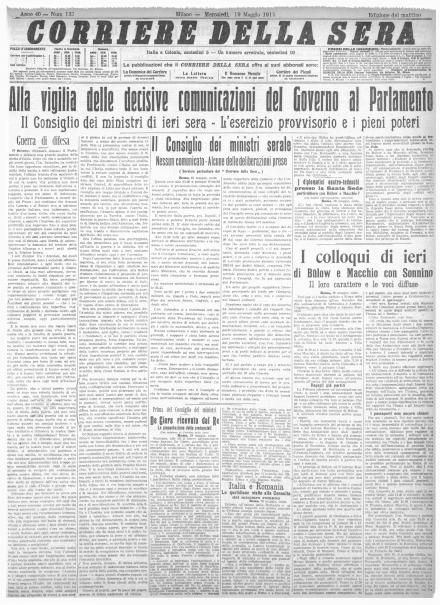 La prima pagina del Corriere della Sera del 19 maggio 1915