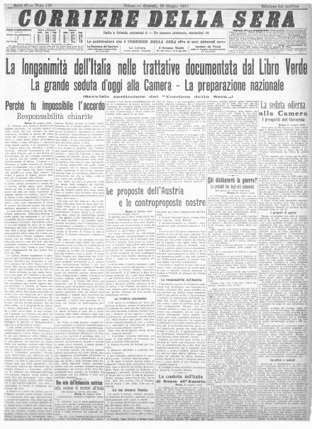 La prima pagina del Corriere della Sera del 20 maggio 1915