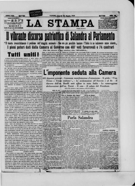 La prima pagina de La Stampa del 21 maggio 1915