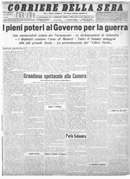 La prima pagina del Corriere della Sera del 21 maggio 1915