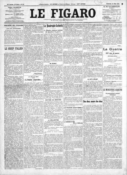La prima pagina di Le Figaro del 21 maggio 1915