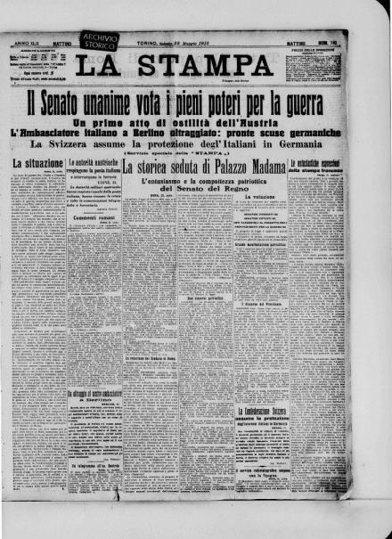 La prima pagina de La Stampa del 22 maggio 1915