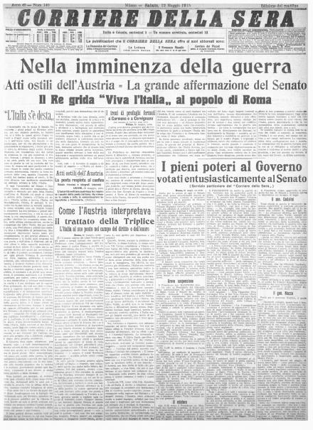 La prima pagina del Corriere della Sera del 22 maggio 1915