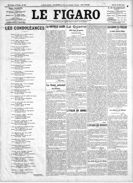La prima pagina di Le Figaro del 22 maggio 1915