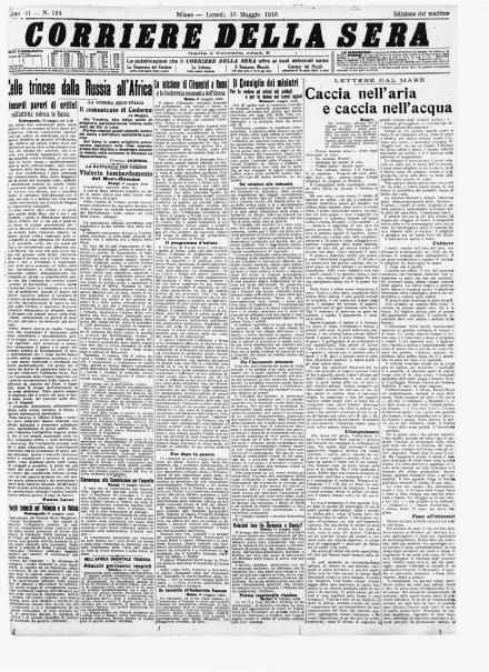 La prima pagina del Corriere della Sera del 15 maggio 1916