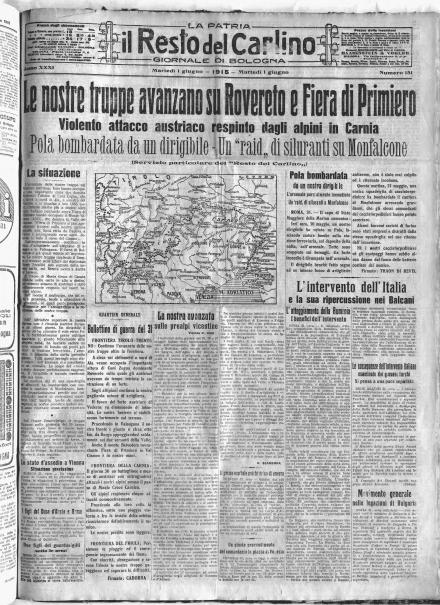 La prima pagina de Il Resto del Carlino del 1°giugno 1915