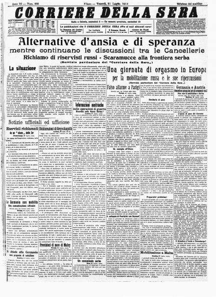 La prima pagina del Corriere della Sera del 31 luglio 1914