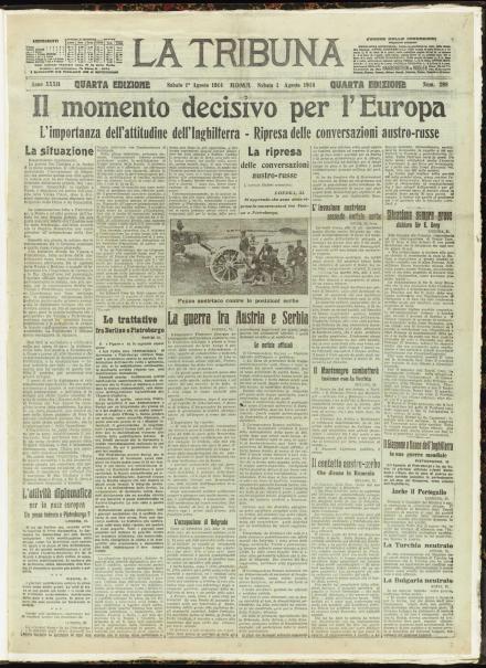 La prima pagina de La Tribuna del 1 agosto 1914