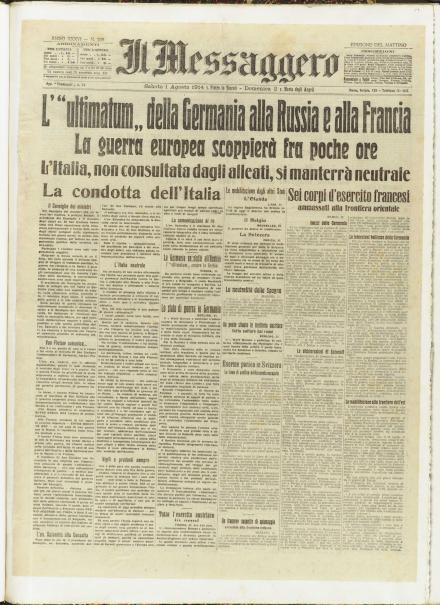La prima pagina de Il Messaggero del 1 agosto 1914