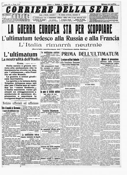 La prima pagina del Corriere della Sera dell'1 agosto 1914